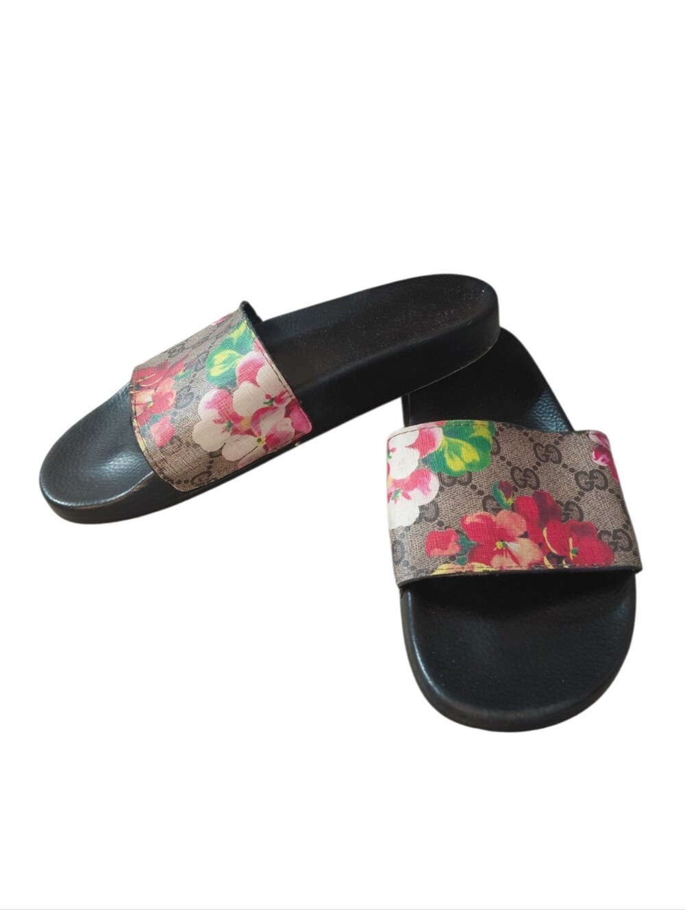 Gucci Black Slide Sandals with Logo Print Pink Floral Strap